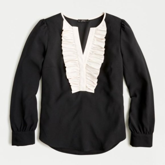 J. Crew Tops - NWT J. Crew Women's Satin Crepe Black Blush Ruffle Long Sleeve Blouse Top S